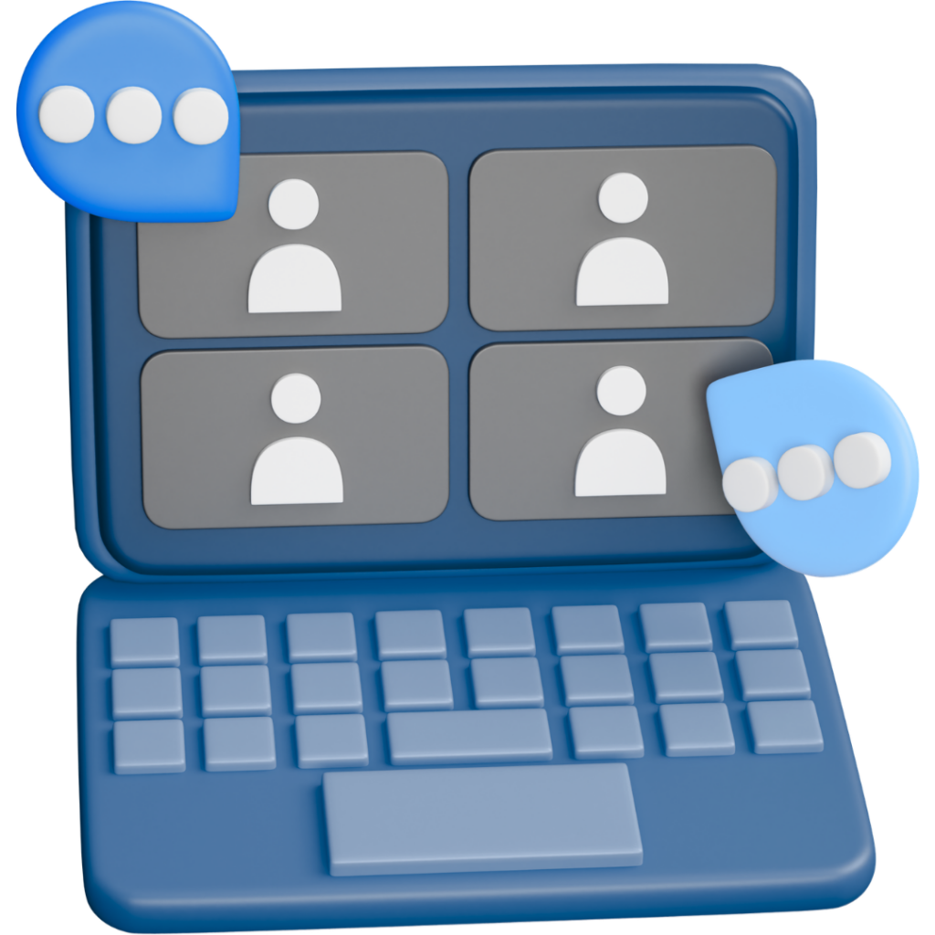 3D icon of people conversing in an online meeting representing the Webinar page on Neuromonitoring Analytics Network