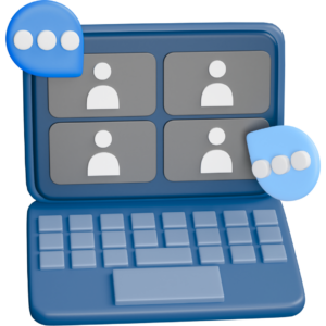 3D icon of people conversing in an online meeting representing the Webinar page on Neuromonitoring Analytics Network