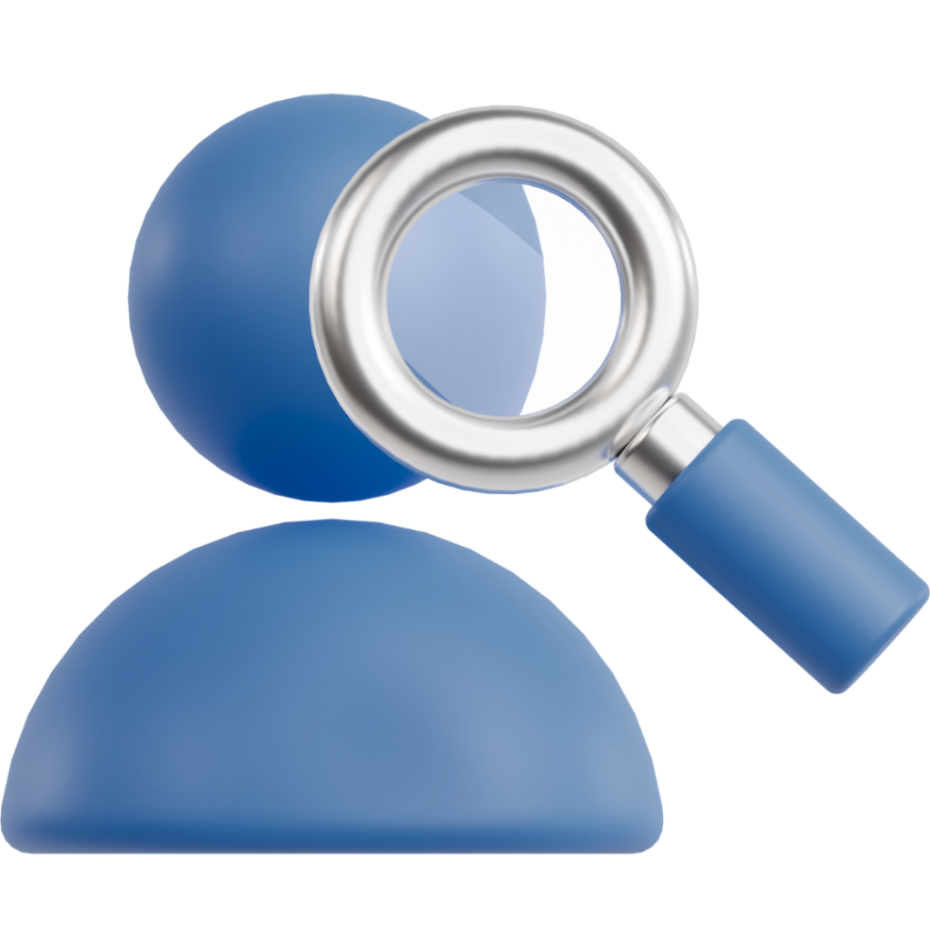 3D icon of a person with a looking glass, representing the About Us page on Neuromonitoring Analytics Network
