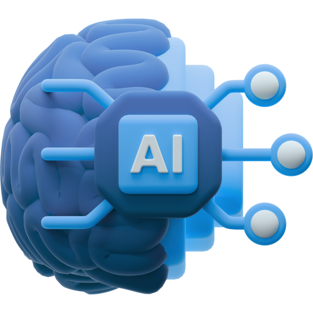 3d Icon of a brain with AI (artificial intelligence) connected, representing the AI topic page on Neuromonitoring Analytics Network