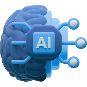 3d Icon of a brain with AI (artificial intelligence) connected, representing the AI topic page on Neuromonitoring Analytics Network