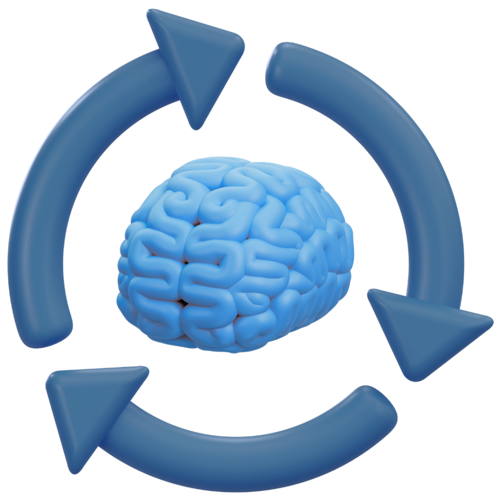 3d Icon of a brain with an arrow loop around it, representing the cerebral autoregulation topic page on Neuromonitoring Analytics Network
