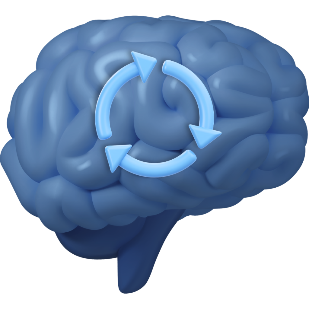 3d Icon of a brain with an arrow loop over it, representing the cerebral autoregulation topic page on Neuromonitoring Analytics Network