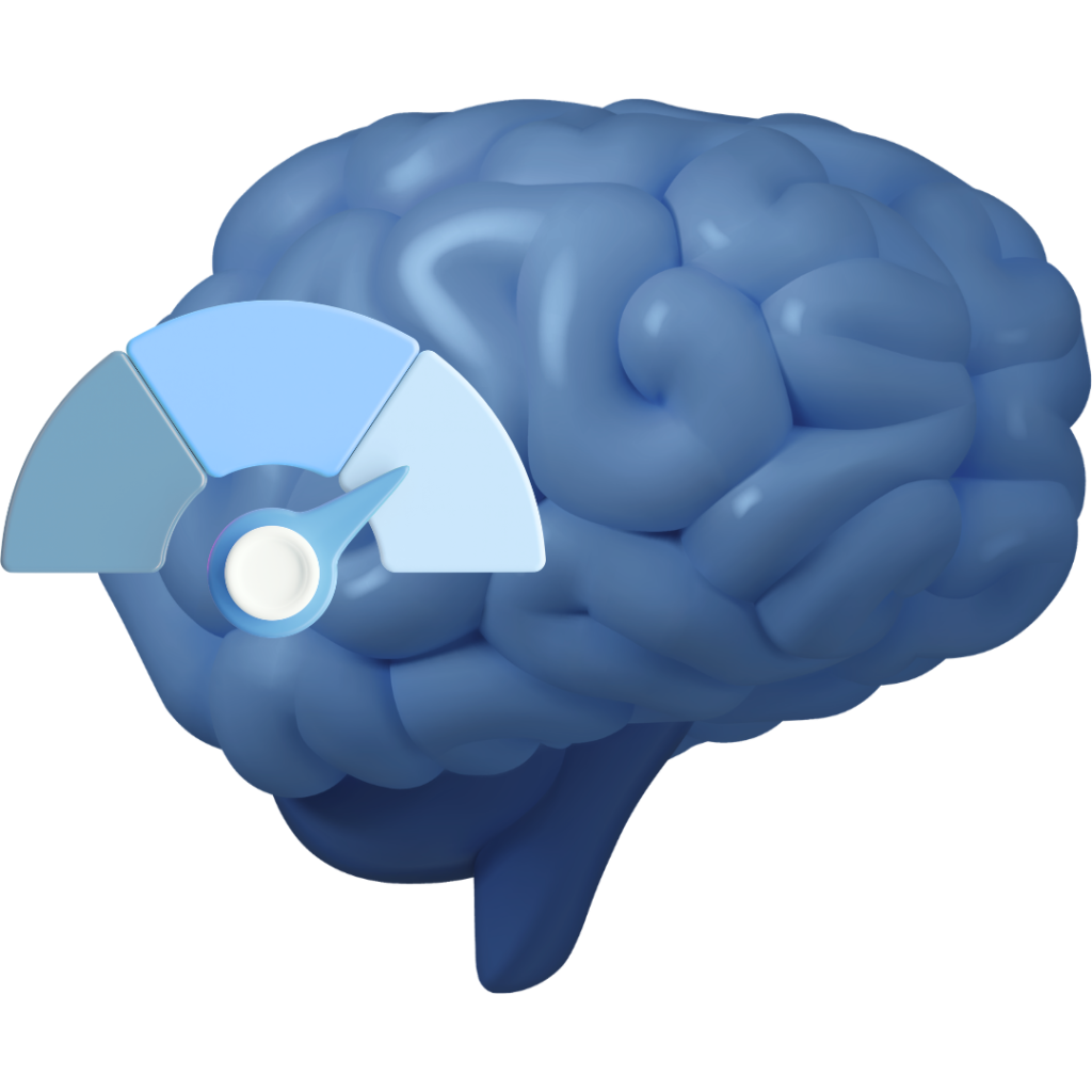 3d Icon of a brain with a pressure gauge, representing the ICP (intracranial pressure) topic page on Neuromonitoring Analytics Network