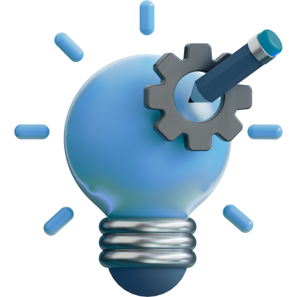3D icon of a lightbulb with a gear and pencil representing the Brain Physics Lectures page on Neuromonitoring Analytics Network