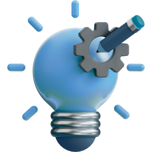 3D icon of a lightbulb with a gear and pencil representing the Brain Physics Lectures page on Neuromonitoring Analytics Network